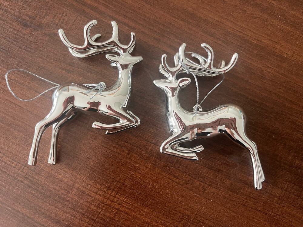 Vintage 2 Silver Metal Reindeer Elk Ornaments Christmas Decor Holiday Glossy